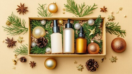 Elegant Eco-Friendly Holiday Gift Box with Natural Skincare Products Surrounded by Festive Ornaments, Pinecones, and Greenery on a Golden Background