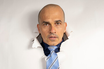 48 year old man in casual clothing and tie, only his head on a cardboard, showing emotions_1.
