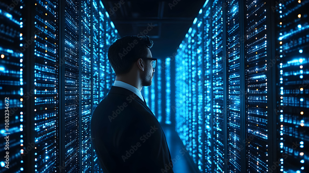 Aufkleber a businessman observes glowing data server rows in a modern data center, showcasing technological ad