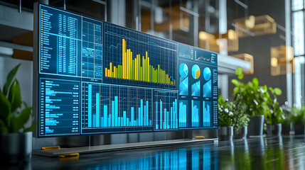 Obraz premium Digital Display Shows Data Visualization of Financial Market Trends with Charts and Graphs in Modern Office Setting
