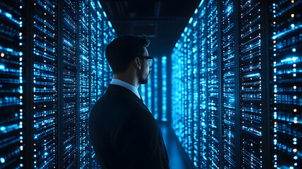 Fototapeta premium A businessman observes glowing data server rows in a modern data center, showcasing technological advancement.
