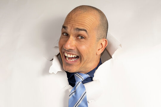 48 year old man in casual clothing and tie, only his head on a cardboard, showing emotions_14.