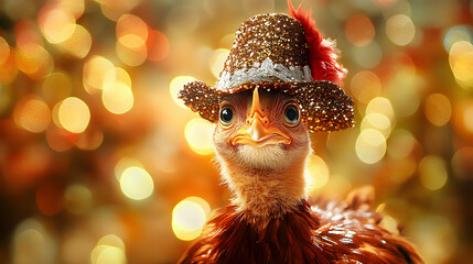 Fototapeta premium A Festive Chick in a Glittery Hat Poses Against a Sparkling Bokeh Background, a Whimsical Holiday Image.