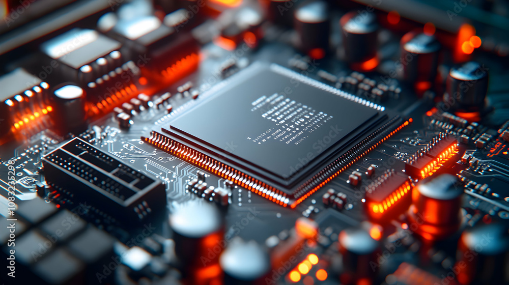 Poster close-up 3d render of a microchip integrated circuit board with glowing components