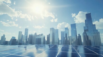 Fototapeta premium Urban skyline with solar panels under bright sky