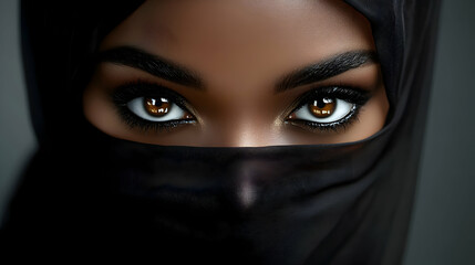 Naklejka premium Close-up of a Woman's Eyes Partially Obscured by a Black Veil, Intriguing Gaze, Mysterious Beauty, Fashion Photography.