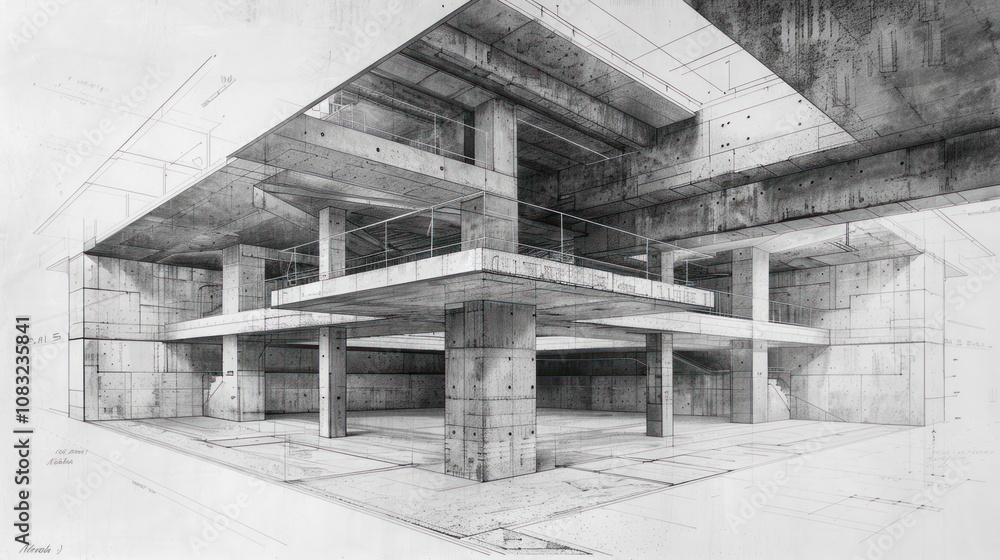 Poster a detailed pencil drawing of a complex concrete structure with multiple levels, beams, and columns.