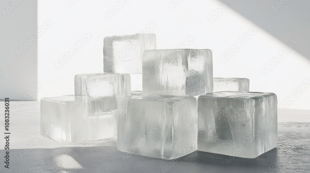 Poster a group of large ice cubes arranged in a pyramid shape on a white surface.