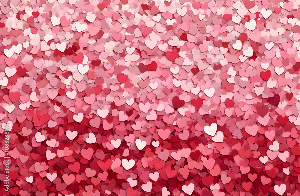 Poster a colorful array of hearts in various shades of pink and red, creating a festive atmosphere.