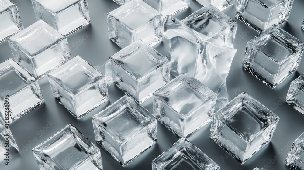 Poster transparent cubes of ice arranged in a geometric pattern on a minimalist background the clear frozen