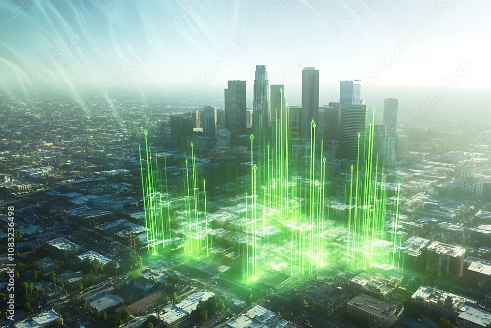 Poster a futuristic cityscape with green data visualizations representing connectivity and technology.