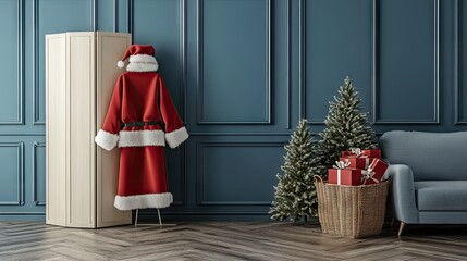 Fototapeta premium Cozy Christmas Corner with Santa Suit in a Stylish Interior Featuring a Christmas Tree and Festive Presents Ready for the Holiday Season Celebration
