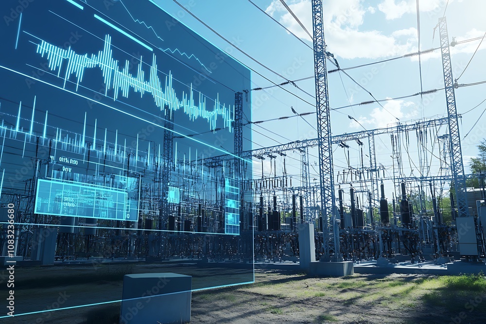 Aufkleber a digital interface overlays an electrical substation, showcasing data visualization and analysis.