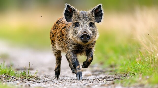 A young wild boar bounds playfully along a dirt path in a lush forest setting, showcasing its distinctive spotted fur under bright daylight