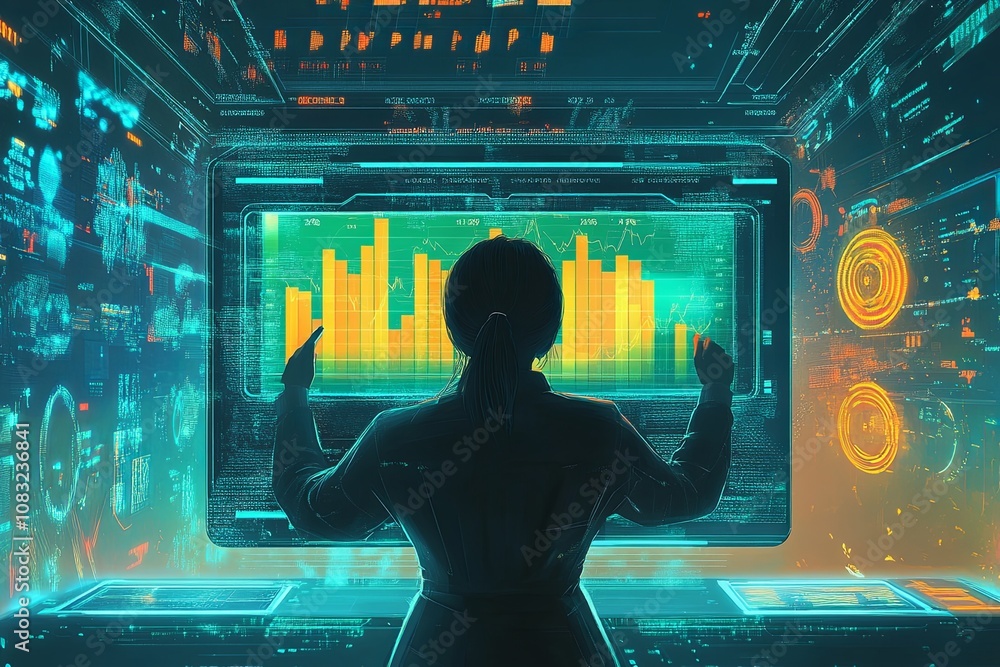 Poster a person interacts with digital data visualization in a futuristic control room during a technology 