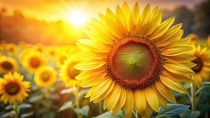 Obraz premium A single sunflower in a field of sunflowers, illuminated by the warm glow of a setting sun, capturing the essence of summer's golden hour.