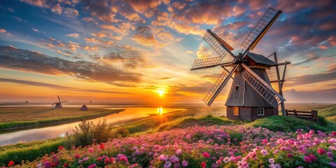 A wooden windmill stands tall against a vibrant sunset, its blades casting long shadows on a field of blooming flowers, a serene river winding through the landscape