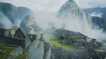 A breathtaking shot of the ancient ruins of Machu Picchu shrouded in early morning mist, with the Andes mountains in the background, Machu Picchu scene