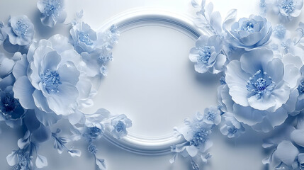 3D Render of Powder Blue Flowers Encircling a White Frame Background