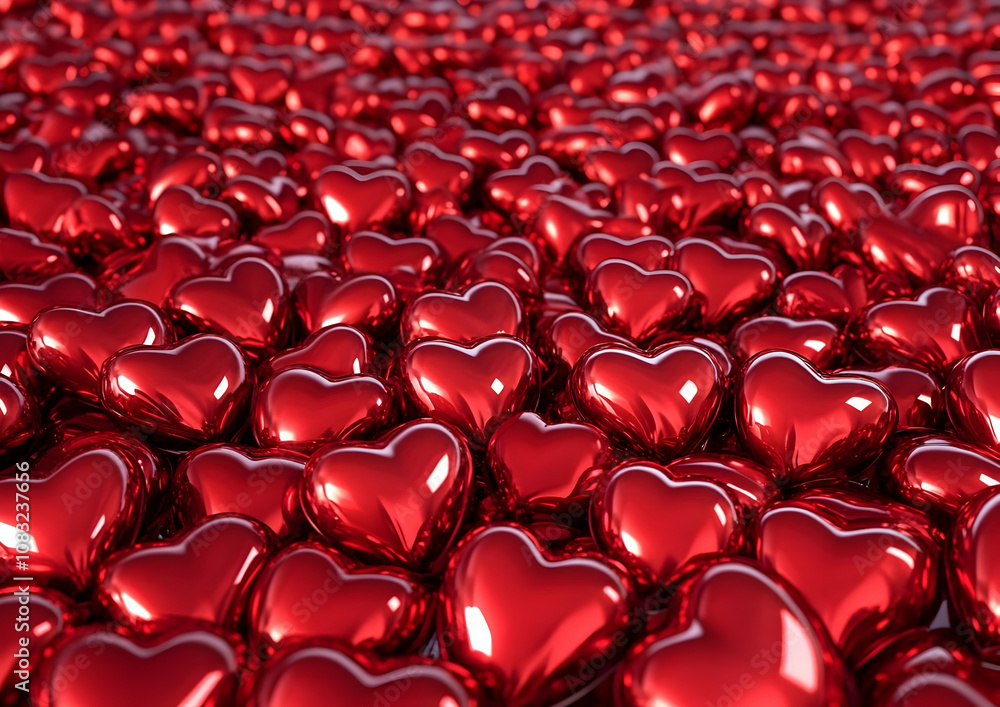 Poster a vibrant array of shiny red heart shapes, symbolizing love and affection.