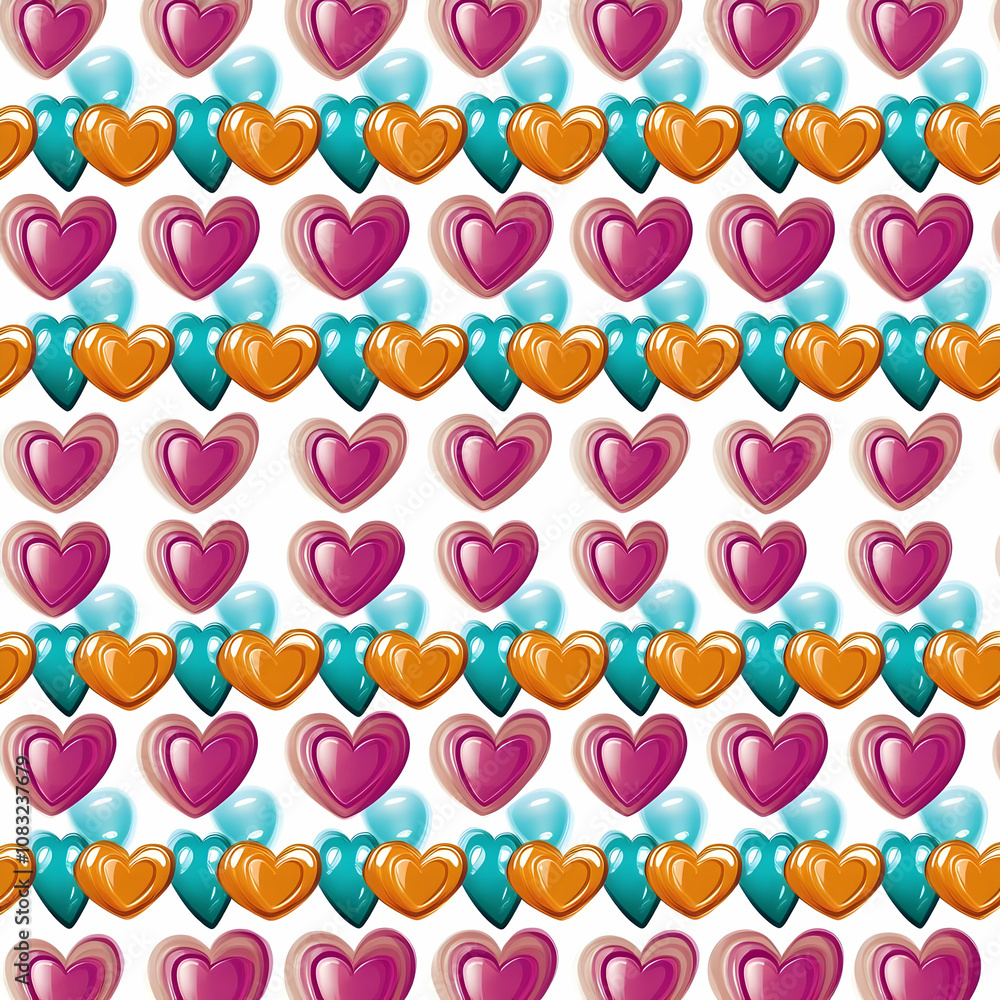 Poster a repeating pattern of colorful hearts in various shapes and shades on a white background.
