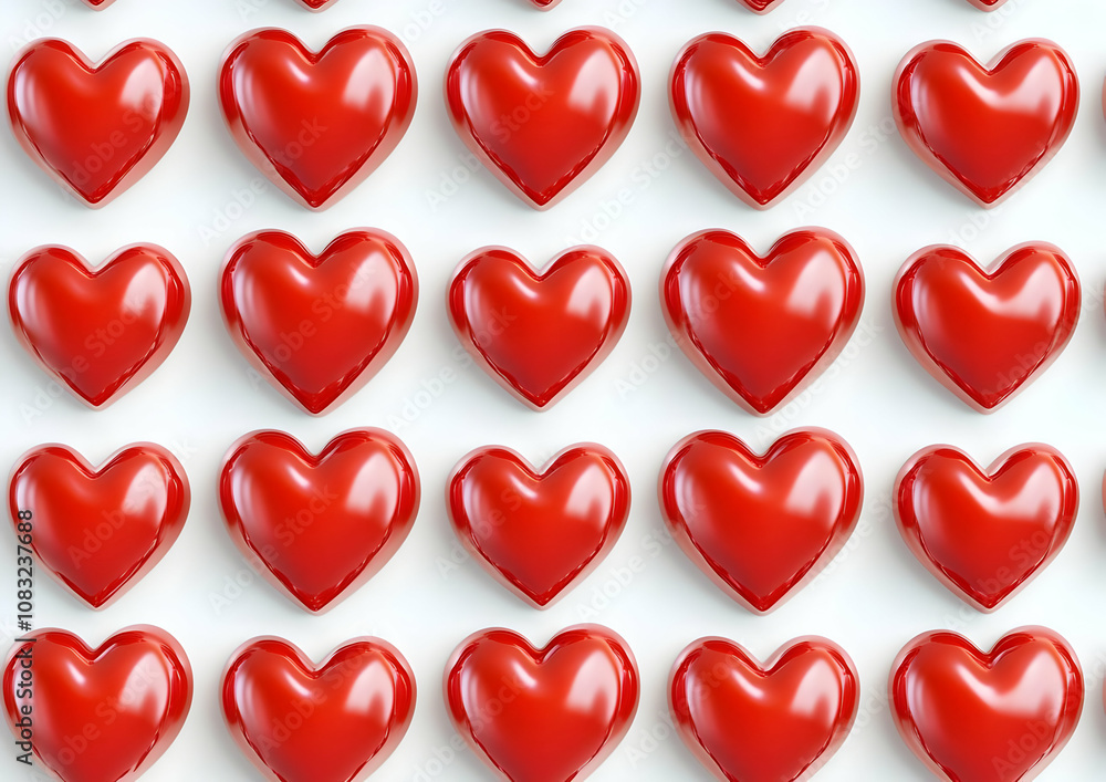 Poster a pattern of glossy red hearts arranged in a grid on a white background.