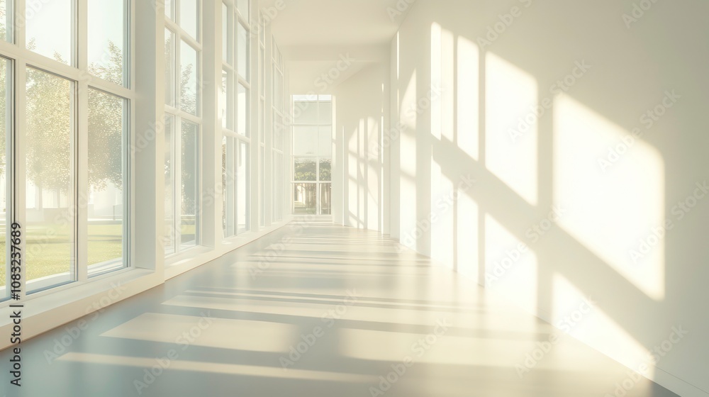 Poster three-dimensional rendering of a blank wall in a bright office mockup with large windows and the sun