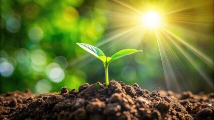 Fototapeta premium A young sprout reaches for the sun, basking in the warmth of a golden sunrise, a testament to the enduring power of life and the potential for growth.
