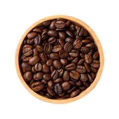 Fototapeta premium Roasted coffee bean (Arabica coffee) in wooden bowl, Top view