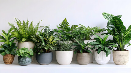 Obraz premium A Collection of Lush Green Houseplants in Stylish Pots Arranged on a Shelf