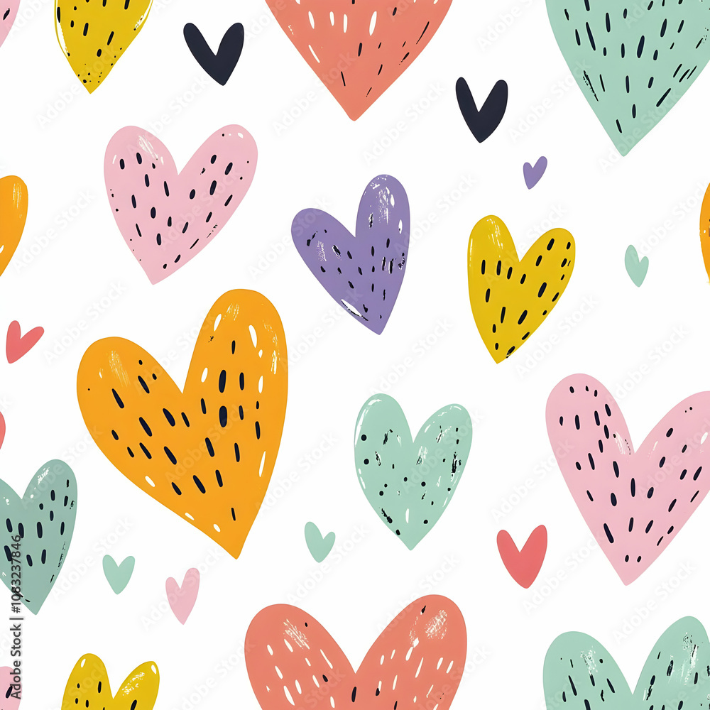 Poster a playful pattern featuring colorful hearts in various sizes and colors on a white background.