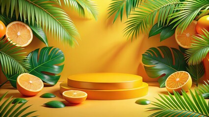 Obraz premium A vibrant summer scene with a yellow platform and lush tropical foliage, featuring halved oranges, green leaves, and a sunny backdrop.