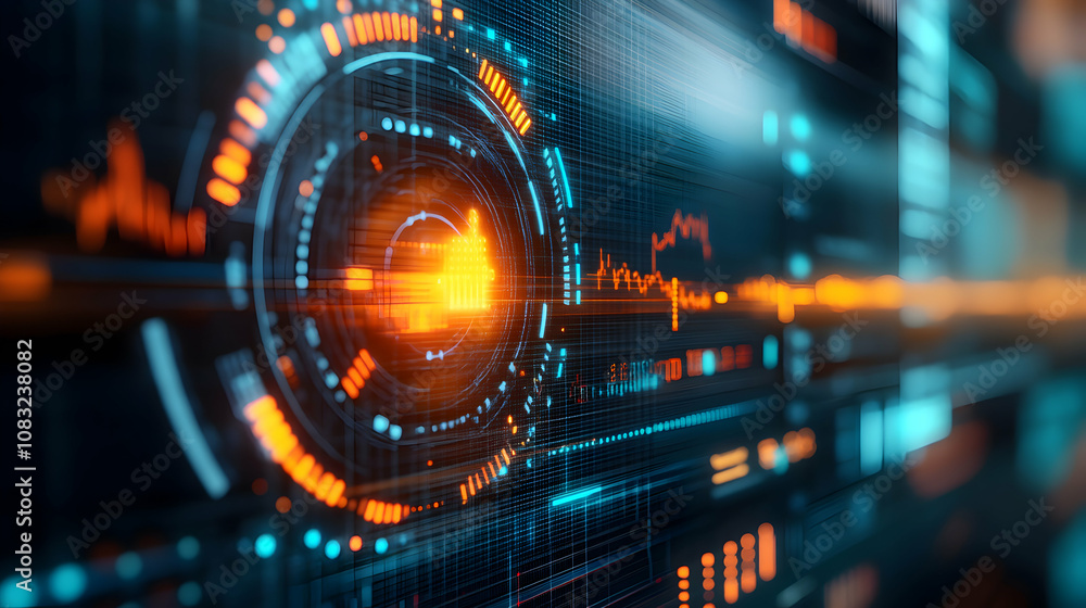 Poster abstract 3d digital interface displays data streams with glowing orange and blue hues, futuristic te