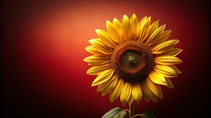 Obraz premium A solitary sunflower with vibrant yellow petals stands out against a rich burgundy background, its golden heart a beacon of light and warmth.