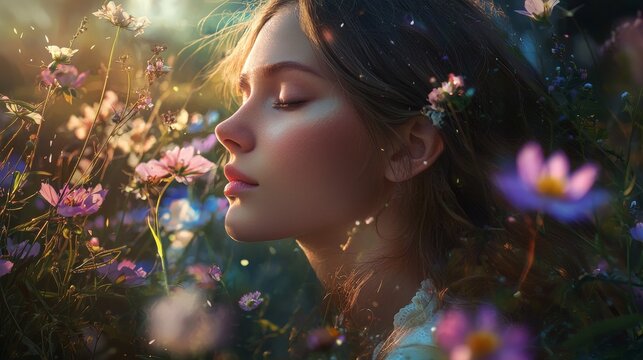 Serene Profile of a Young Woman Surrounded by Blossoming Wildflowers in a Dreamy Garden with Soft Light and Gentle Atmosphere at Dusk