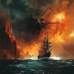Obraz premium A ship sails through a stormy sea towards a monstrous, sun-like creature in the sky.