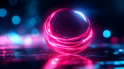 3D Render of Glowing Sphere with Neon Trails, Abstract Background, Futuristic Vibe