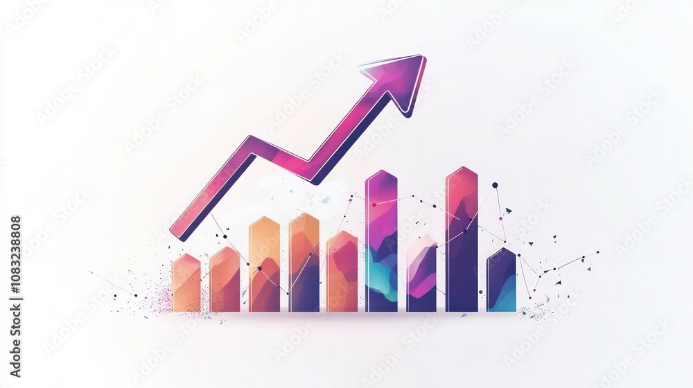 Poster the single arrow growing upwards on the chart graph bars icon, success graph trending upwards flat d