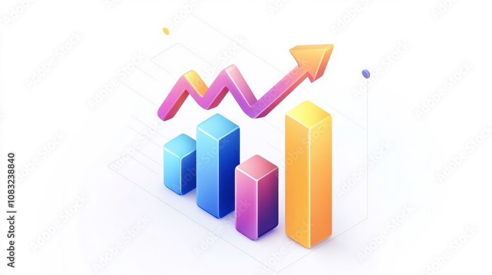 Poster the single arrow growing upwards on the chart graph bars icon, success graph trending upwards flat d