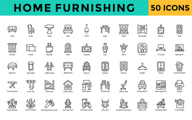 Home Furnishing icons set with sofa, chair, table, bed, lamp, desk, shelf, wardrobe, mirror, rug icon. Simple line vector 
