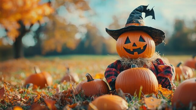Cheerful Halloween Pumpkin Scarecrow Surrounded by Autumn Leaves and Orange Pumpkins in a Beautiful Outdoor Setting with a Clear Sky
