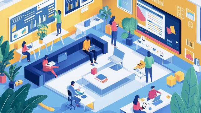 A Vibrant and Modern Office Space with Professionals Engaged in Collaborative Work, Featuring Innovative Technology and an Inviting Atmosphere for Creativity and Team Building
