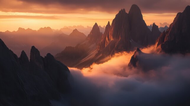 A breathtaking view of the sunrise illuminating the jagged peaks of the Dolomites in Italy, with soft clouds rolling through the valleys below, Dolomites sunrise scene
