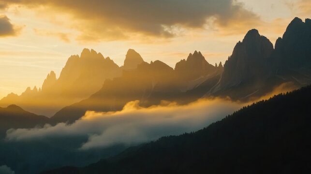 A breathtaking view of the sunrise illuminating the jagged peaks of the Dolomites in Italy, with soft clouds rolling through the valleys below, Dolomites sunrise scene
