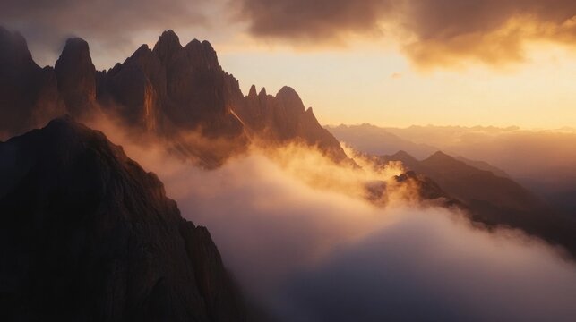 A breathtaking view of the sunrise illuminating the jagged peaks of the Dolomites in Italy, with soft clouds rolling through the valleys below, Dolomites sunrise scene