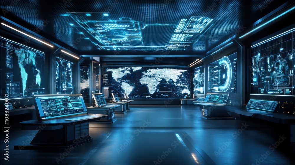 Aufkleber high-tech control room with futuristic screens and maps showcasing global network data and advanced 