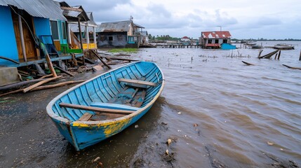 Obraz premium Abandoned Blue Boat on Flooded Shoreline Near Rustic Waterfront Houses
