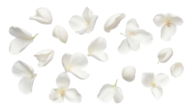 flying white petals isolated on transparent background cutout