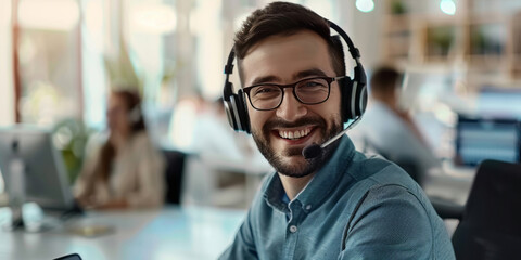 Obraz premium A call center agent, stationed at his desk in the office, engages in phone conversations with clients, his face lit up with a happy smile.