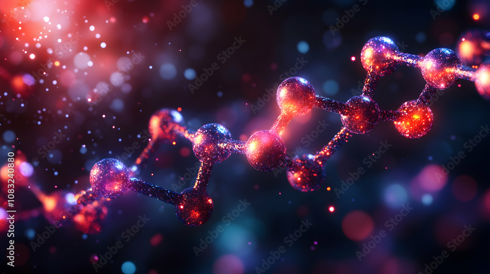 Poster 3d render of glowing molecular structure with abstract background, vibrant colors and sparkling part